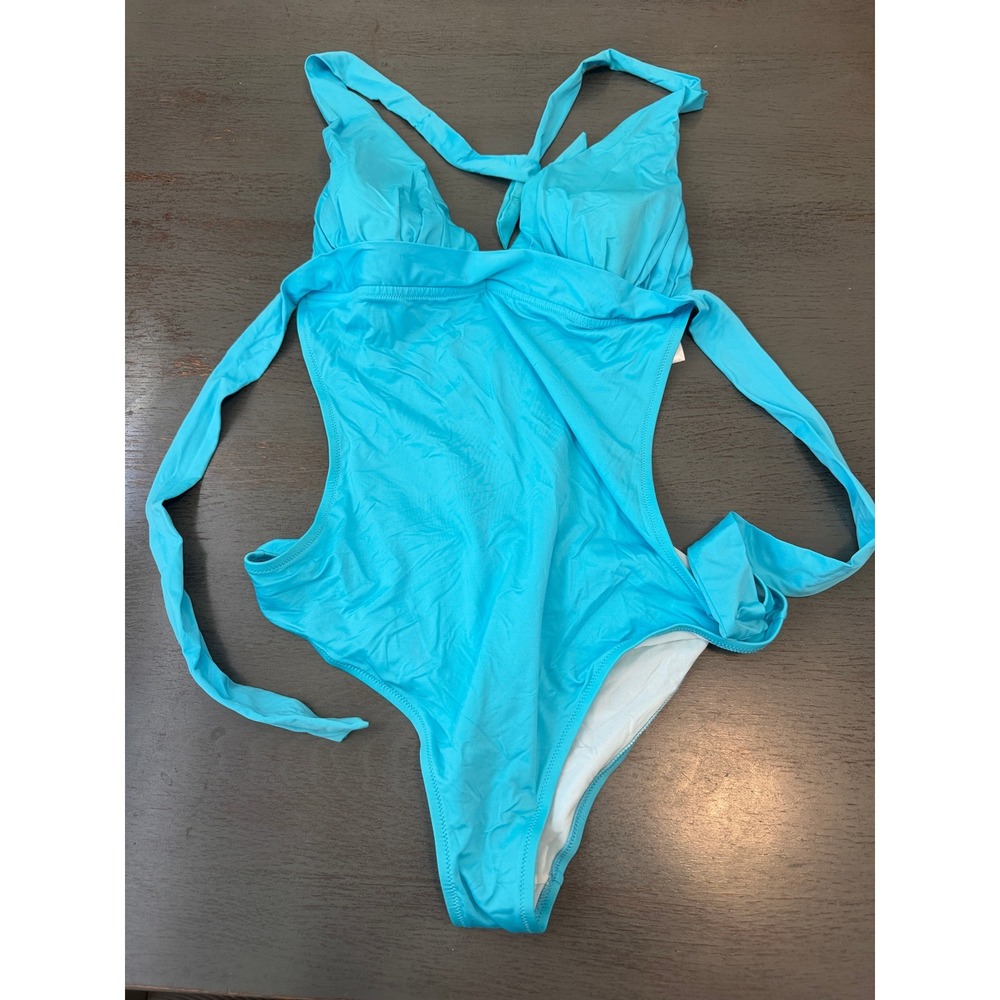 Rebecca Turquoise Blue Halter Monokini One Piece Swimsuit Cut Out XL/D Hungary